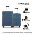Set of two hard-shell suitcases in blue with upright handles and orange wheels