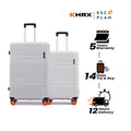 White hard-shell luggage set with two suitcases, telescopic handles and caster wheels.