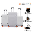 Stacked hard-shell luggage set in white with telescopic handles and 8 wheels