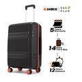 Black check-in suitcase with telescopic handle, side panel, and 8 spinner wheels