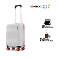 White small cabin suitcase with telescopic handle and 8 spinner wheels, hard shell