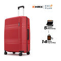 Large check-in suitcase with 8 wheels, red shell and upright handle