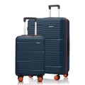 Hard-shell luggage set of 2, nested dark blue spinners with telescopic handles and orange wheels