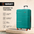 Teal hard-shell 8-wheel spinner trolley with upright handle and round corner details