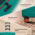 Teal hard-shell luggage with recessed lock, 360 silent wheels, and aluminum handle