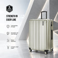 Hard-shell polycarbonate suitcase with vertical ribbed shell, telescopic handle, and spinner wheels