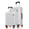 Pair of hard-shell spinner suitcases in white with orange trim, telescopic handles
