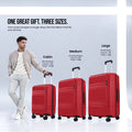 Red hard-shell luggage set showing cabin, medium, and large suitcases with telescopic handles