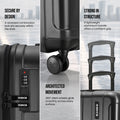 Hard-shell dark charcoal luggage close-up of handle grip and spinner wheels