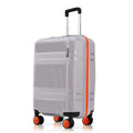 White cabin suitcase with ribbed shell, telescopic handle, orange-trim, and spinner wheels