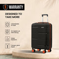 Black small cabin suitcase with ribbed shell, 8 wheels, orange accents and telescopic handle.