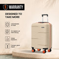 Light beige cabin suitcase with unbreakable PP shell, water-resistant design, and 8 wheels