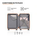 Open cabin suitcase interior with zip compartments, compression straps, and water-resistant lining