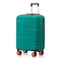 Teal small cabin suitcase with ridged shell, telescopic handle, and four orange spinner wheels