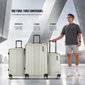 Cabin polycarbonate suitcase with 8 wheels, shown alongside medium and large sizes