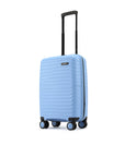 Light blue small suitcase with telescopic handle and four corner wheels.
