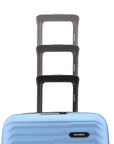 Light blue hard-shell suitcase top view with dual carry handles.