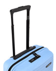 Light blue suitcase side view with telescopic handle and front zipper trim.