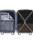 Small white suitcase opened to show gray interior lining and cross strap