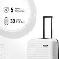 Small hard-shell carry-on suitcase, white polypropylene, ridged design and telescopic handle