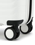 White suitcase wheel assembly with black corner support and inline caster wheels