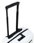 White cabin suitcase with black top and side carry handles; zip and label panel visible