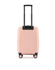 Peach small cabin suitcase with telescopic handle and four spinner wheels