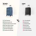 Blue and black hard-shell cabin suitcases with wheels, shown side by side.