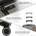 Trolley with adjustable telescopic handle, recessed lock area, and spinner wheels.