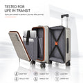 Grey laptop trolley with open lid showing organizer compartments and cross straps, 4 wheels.