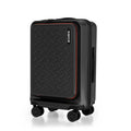 Black hard-shell cabin trolley with textured front, red edge trim, and four small wheels