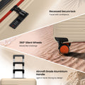 Beige suitcase close-up: recessed secure lock, wheels, and aircraft-grade aluminium handle