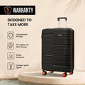 Medium check-in suitcase, black ribbed shell with telescopic handle and orange wheels