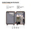 Medium check-in suitcase open, grey lining, compression straps and zipped compartments
