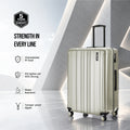 Light silver wheeled check-in suitcase with side handle, ridged PP shell, 8 wheels