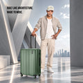 Dark green check-in suitcase with upright handle and spinner wheels, shown with traveler