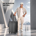 Black wheeled check-in suitcase with ridged front panel and telescopic handle