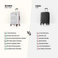 Two trolley suitcases side-by-side: light grey and black with 8 spinner wheels