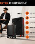 Black hard-shell trolley suitcase set with red wheels on caster feet