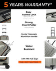 Silver trolley suitcase with telescopic handle, front lock area, and spinner wheels