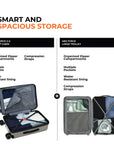Silver hard-shell trolley suitcase open with organizers, compression straps, and zip pockets