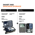 Silver hard-shell trolley suitcase open with organizers, compression straps, and zip pockets