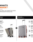 Two grey hard-shell spinner suitcases, one open with laptop compartment