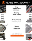 Grey hard-shell spinner suitcase with telescopic aluminum handle and red wheel accents