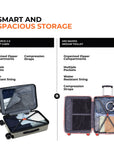 Grey hard-shell spinner suitcase with open interior storage compartments