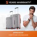 Two grey hard-shell suitcases with telescopic handles, red trim, and spinner wheels