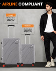 Medium and large grey hard-shell rolling suitcases with telescopic handles and red wheels