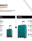 Teal hardshell large and cabin trolley suitcases with telescopic handles and spinner wheels.