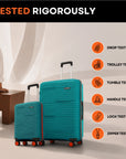 Teal hardshell large and cabin trolley suitcases on four spinner wheels with handles.