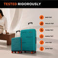 Teal hardshell large and cabin trolley suitcases on four spinner wheels with handles.